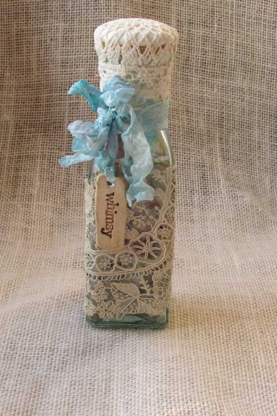 Decorated Decorative Altered Vintage Blue Bottle Lace