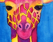 Fuchsia Pink and Gold Giraffe Watercolor Painting Giclee Archival Art Print