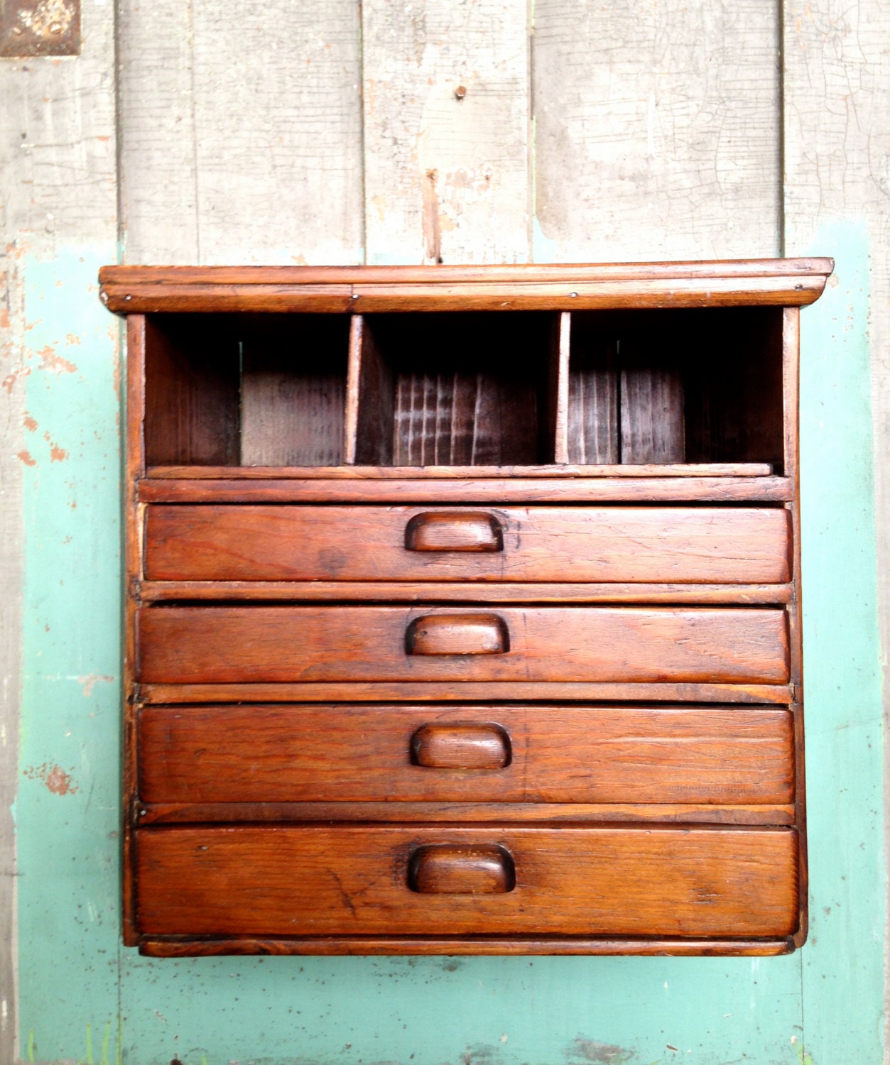 Vintage Small w/4 Drawers 3 Cubby Holes and Wood