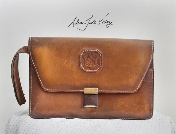 Brown Leather Vintage 1960&#39;s Envelope Clutch Bag with