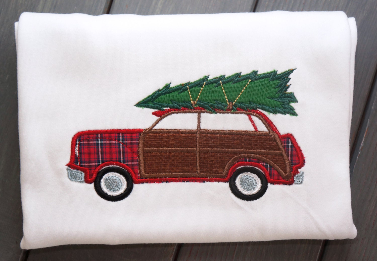 Classic Woody Car with Christmas Tree Boys Applique Shirt