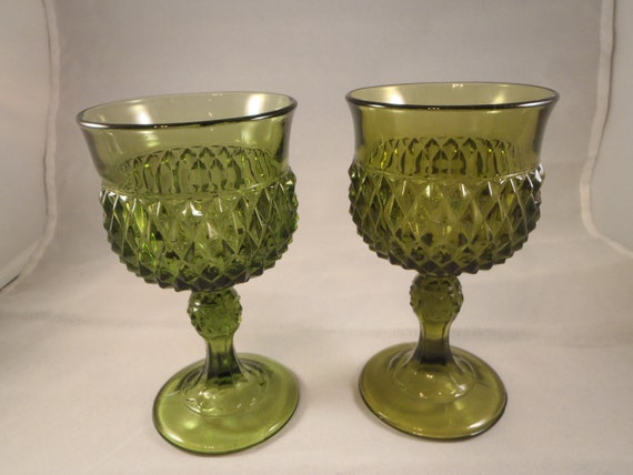 Pair of Vintage Indiana Glass Green Glass Goblets