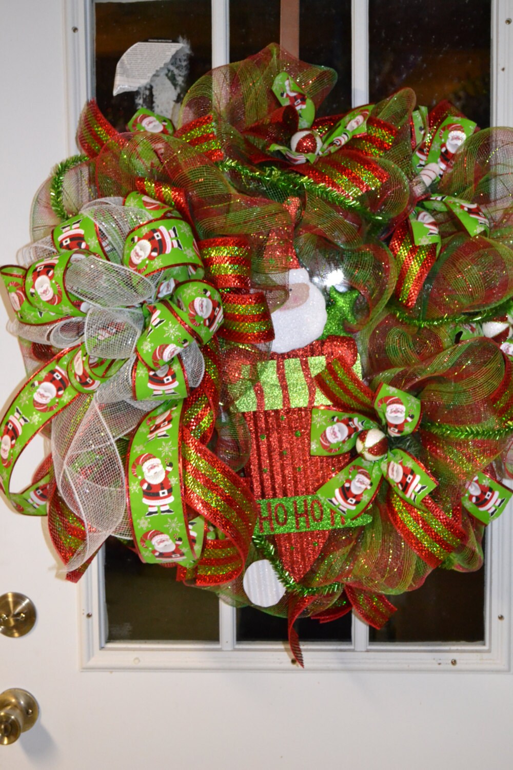 Santa Claus Deco Mesh Christmas Wreath, Santa peeking out of chimney Wreath, Red and Green Deco Mesh Wreath