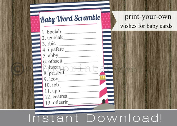 Nautical Baby Shower Word Scramble game cards preppy pink and navy blue INSTANT DOWNLOAD diy printable digital file print your own / girl Il_570xn