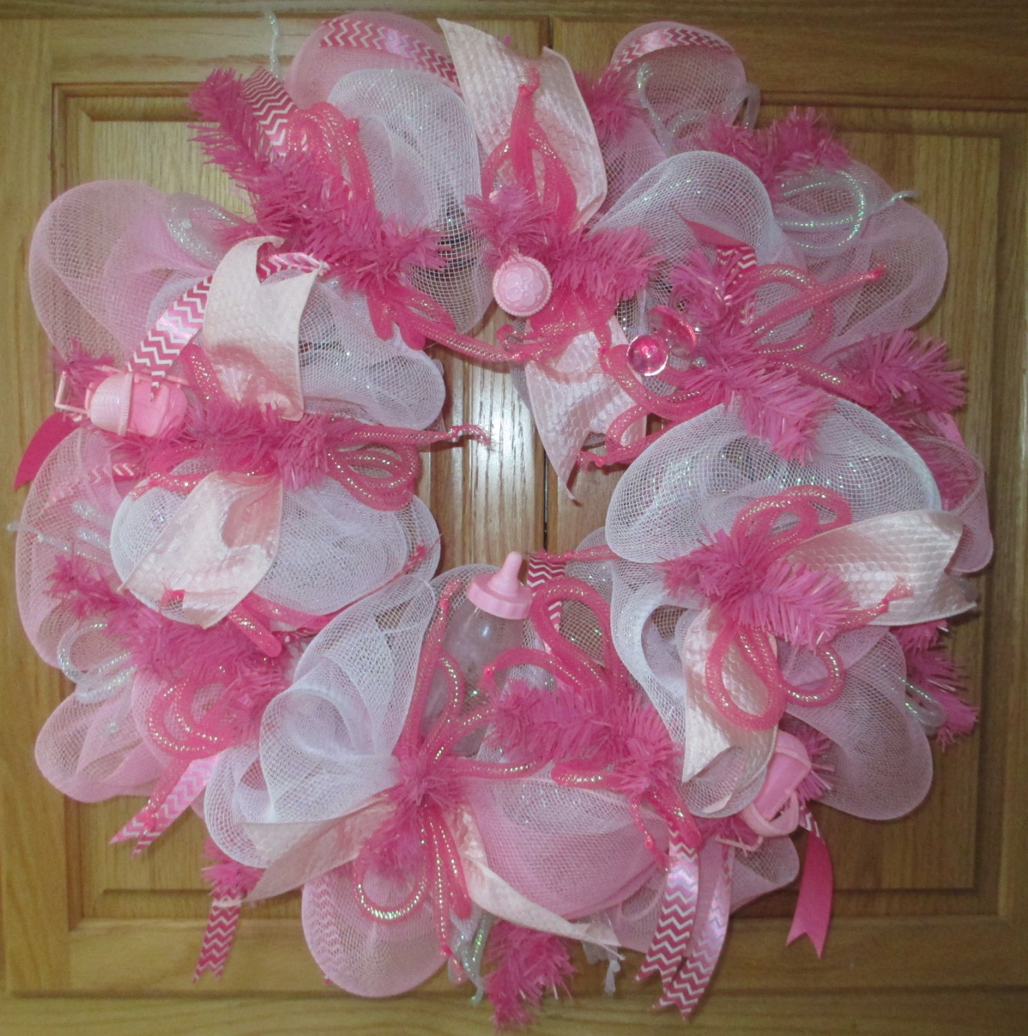 Pink Baby Deco Mesh Wreath w/ a Touch of Chevron Pink Ribbon