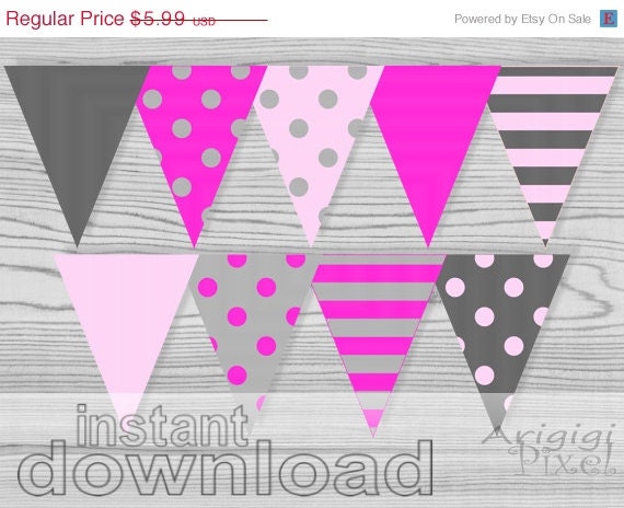 WEEKEND SALE 50% OFF Pink and gray printable banner, polka dot and stripes, girly party decoration, Pdf files inatynt download Il_570xn