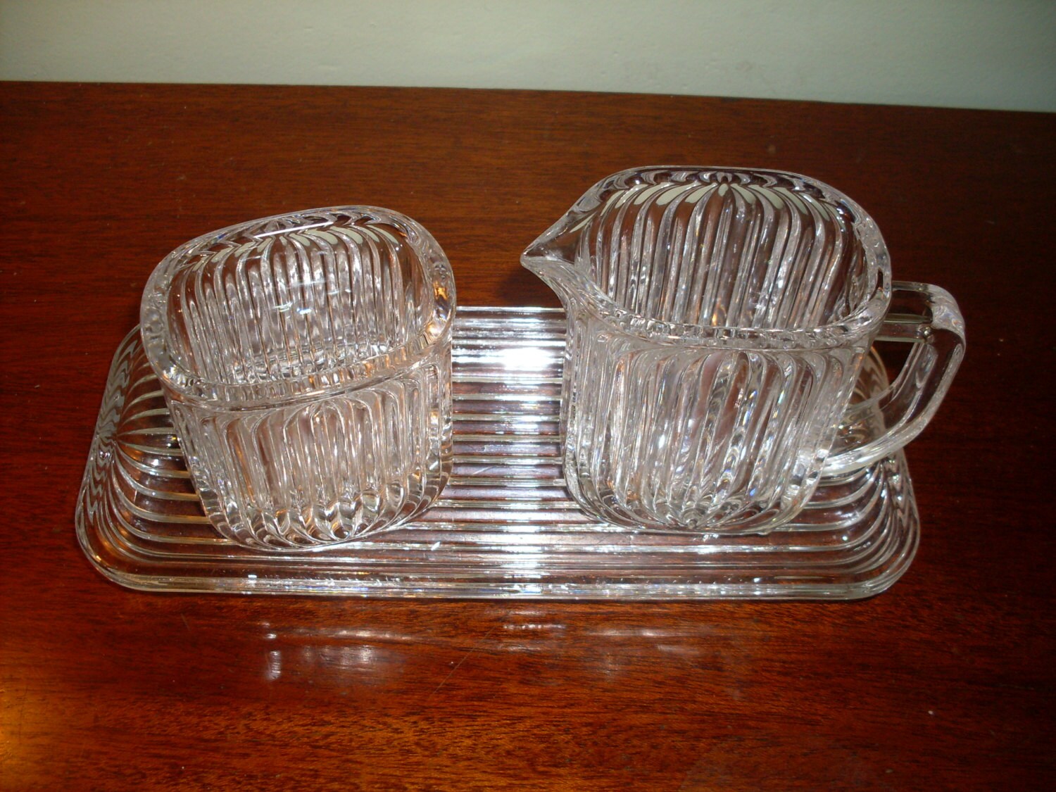 Antique Ribbed Lead Crystal Glass Sugar and Creamer with Tray, Serving