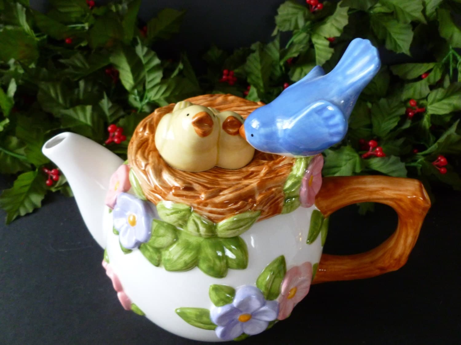 Vintage Teleflora Blue Bird Nest Teapot Made in Philippines