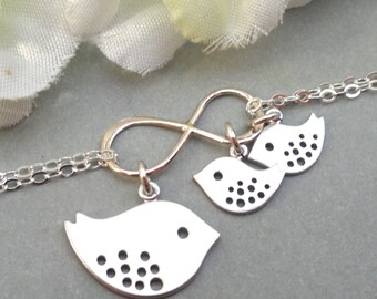Bird Bracelet,Infinity Bracelet,Mothers Bracelet,Friendship Jewelry,Sisters Bracelet,Sterling Silver