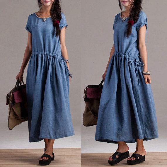 Items similar to Personalized leisure blue linen dress / Long-sleeved ...
