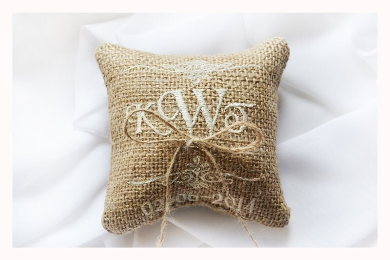 Embroidered Burlap Wedding ring pillow 4x4 by SpecialEmbroideryKT