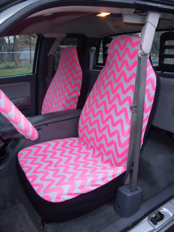 1 Set of Hot Pink/Grey Chevron Print Car Seat Covers and