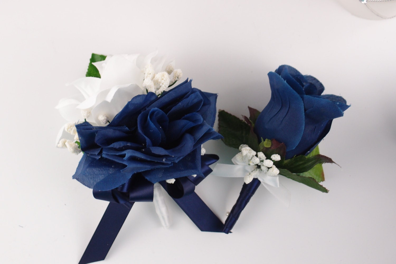 set of 2pc Boutonniere and Pin Corsage Navy Blue