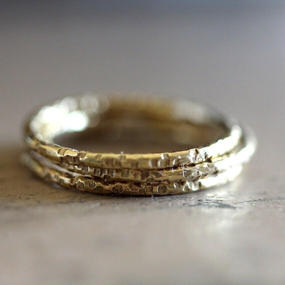 Gold wedding rings set of 3 unique stacking rings by PraxisJewelry