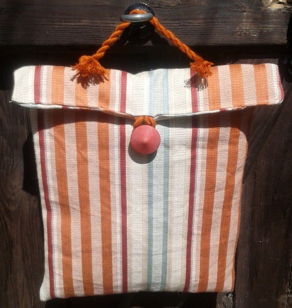 Men's Vanity Case - Handmade- Red Brick Green Stripes- Fall Ipad Case - Padded Pouch- French - Bamboo Yarn Cord - Wood Spinning Wheel Button