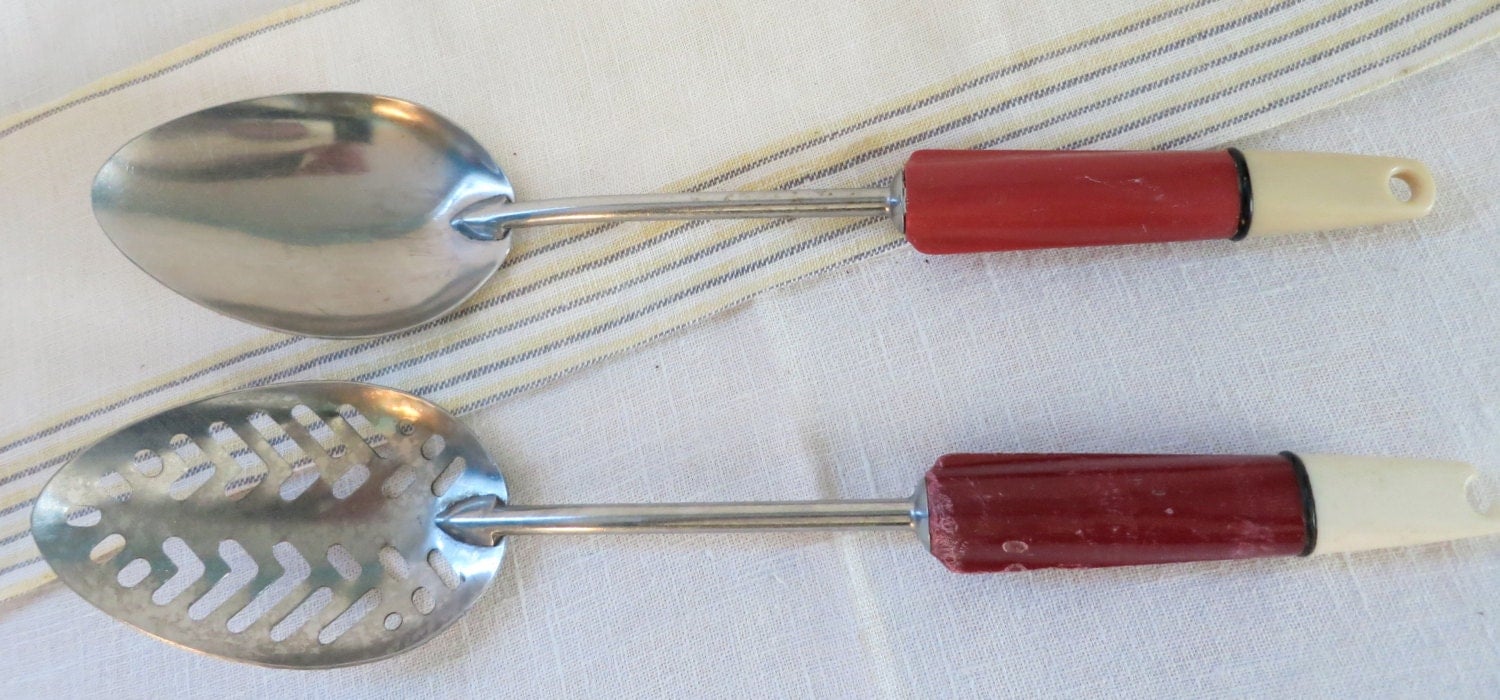 Vintage Red Handled A and J Serving Slotted Spoons Made In USA