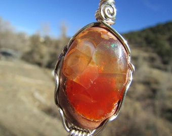 FIRE OPAL Pendant - Mexican Fire Opal Cab In Sterling Silver Wire Wrap ...