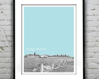 Long Beach California Poster Art Sk yline Print Queen Mary Version 3 ...