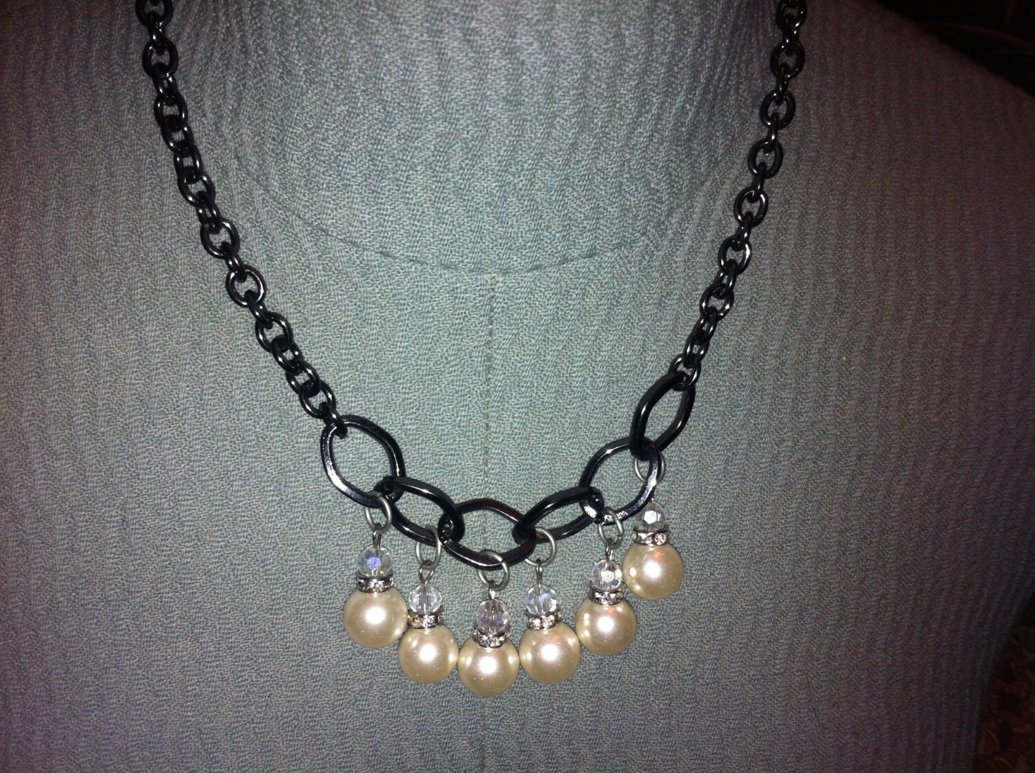 Rhinestone and pearl charm necklace chain charm by foreverkatydid