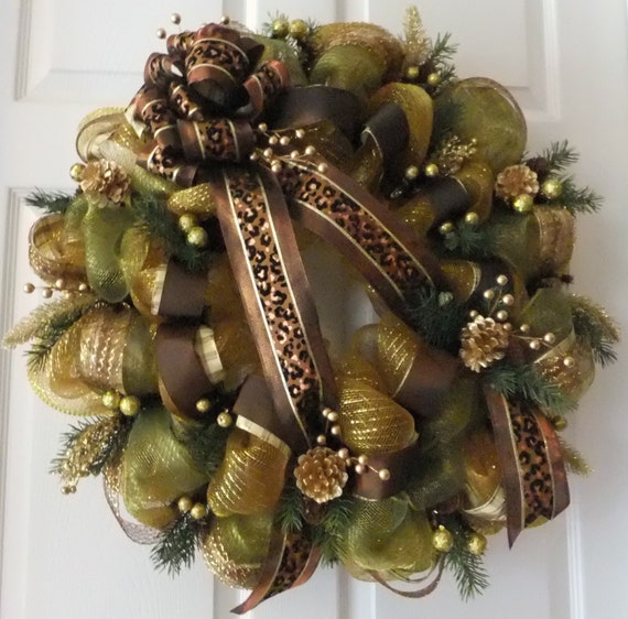 Gold Christmas Wreath Deco Mesh Wreath by PJCreativeWreaths