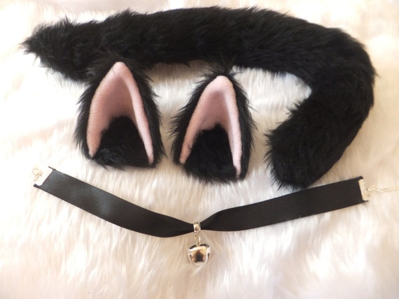 Wired Black Cosplay Cat Set with Ears Tail & Bell Collar Cute