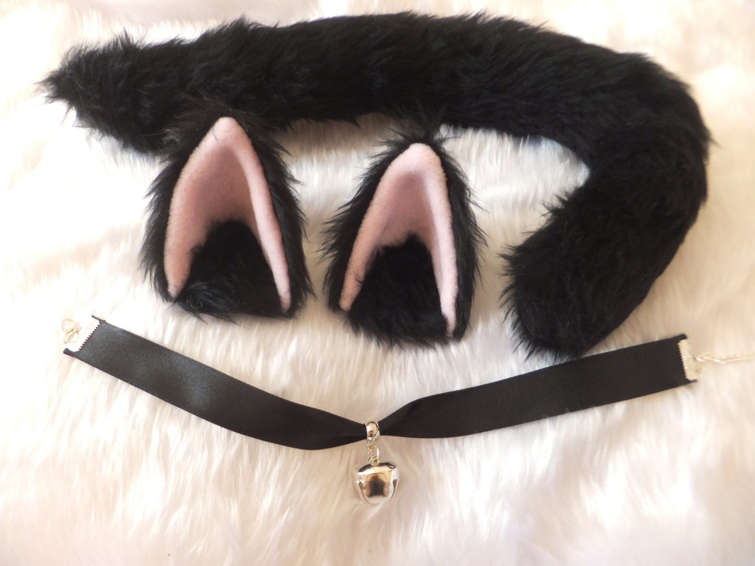 Wired Black Cosplay Cat Set With Ears Tail And Bell Collar Cute 