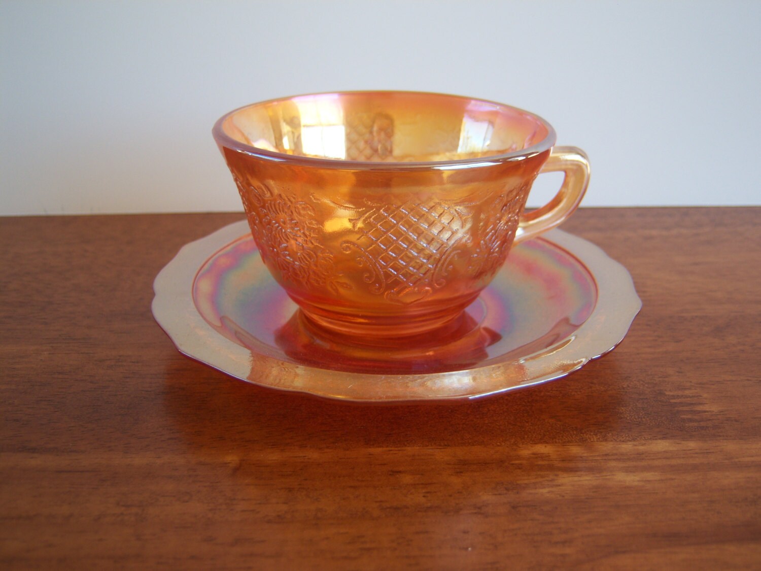 Marigold Orange Carnival Glass Cup and Saucer by OwliceandStone