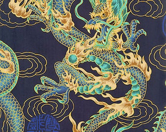 FIRE-BREATHING DRAGONS: Navy Blue Asian Japanese Fabric (By the Yard)