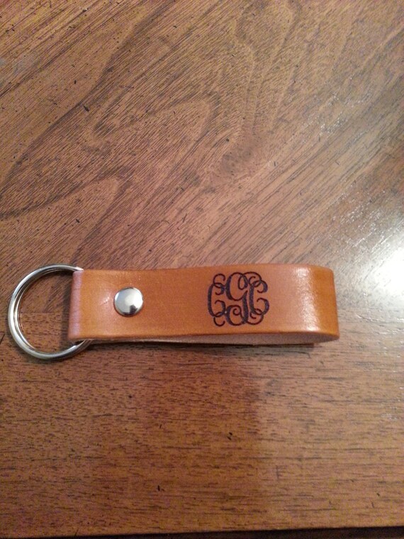 Monogram Leather pull strap key chain personalized key fob