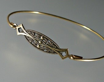 Art Deco Filigree Bangle Bracelet, Gold Bangle Bracelet, Bridesmaid Jewelry, Stacking Bangle, Bridal Bracelet, Bridesmaid Gift Idea (195G,)