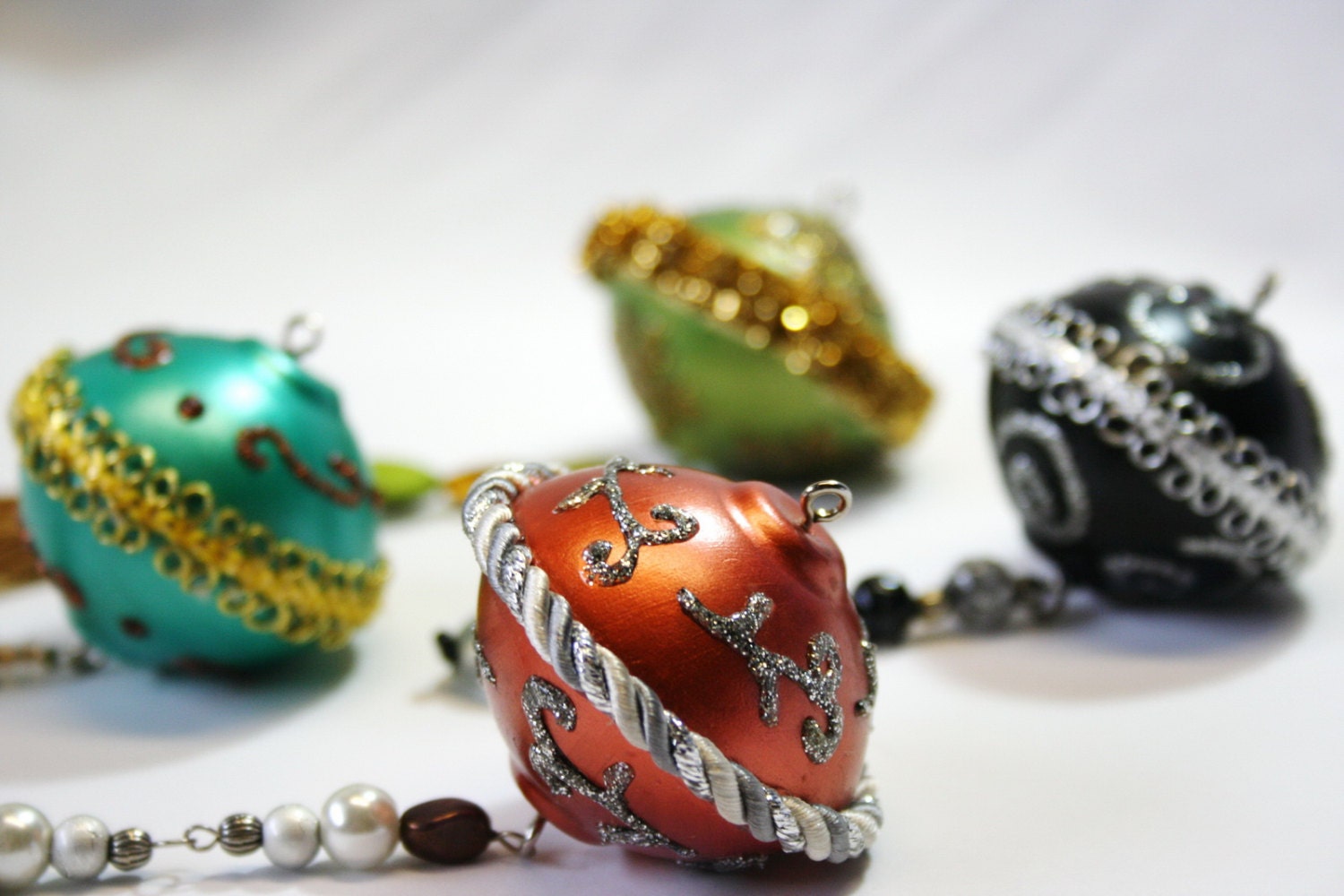 CIJ Sale, 4PC Designer Ornament Set, Handmade Christmas Ornaments, Plaster of Paris Ornaments, Set 12