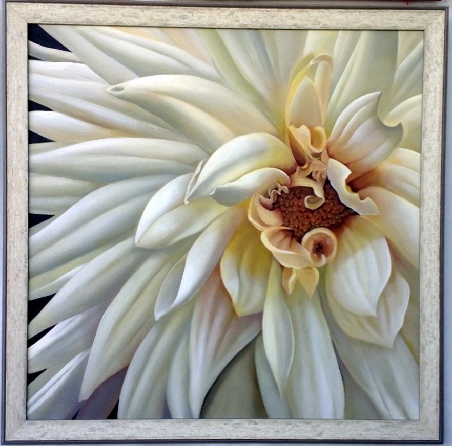 White Dahlia Original Painting Acrylic on by VictoriaGobelFineArt