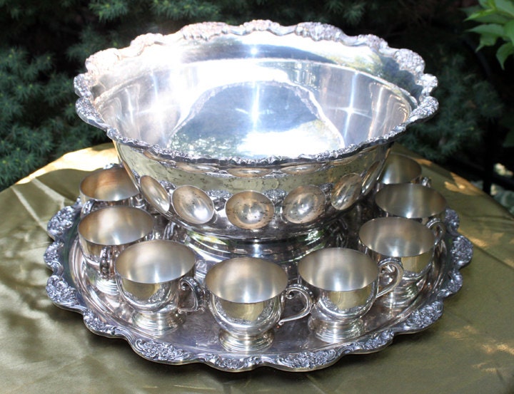 Antique Silver Punch Bowl 12 Cups and Ladles. Huge silver