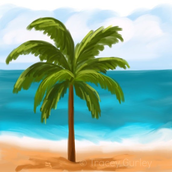 Palm Tree on Beach Scene Original Art Digital Download