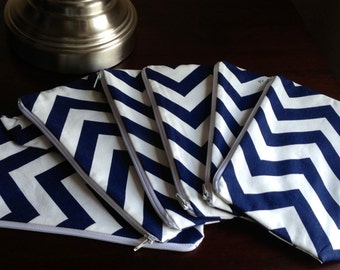 6 Bridesmaid Makeup bag, cosmetic case, zipper pouch, clutch - navy chevron