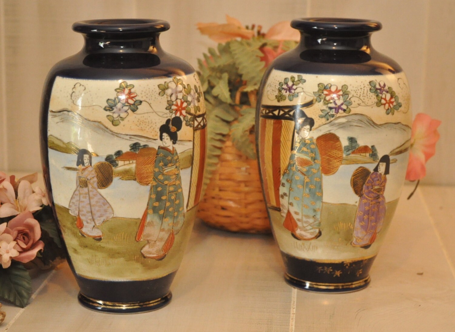 Vintage Pair of Satsuma Cobalt Blue Porcelain Vases Circa