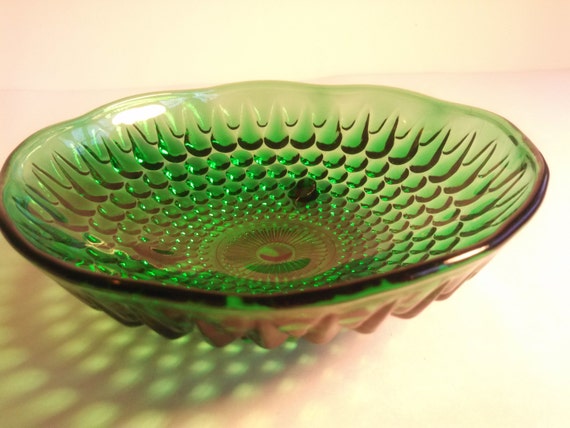 Green Glass Hobnail and Teardrop Candy Dish. by VintageQuinnGifts