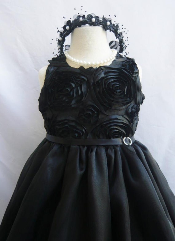 Flower Girl Dress - BLACK Swirled Rosette Dress - Bridesmaid, Communion, Easter, Wedding - Toddler, Teen (SRD)