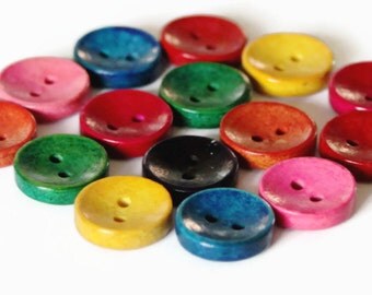 15 Wooden Painted Buttons 15mm - Round Wood - Assorted Colors - Mixed Colours - Bright Colourful Buttons - PW08