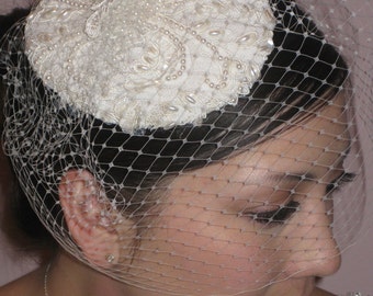 Bridal hat/birdcage veil. vintage inspired bridal hat with removable birdcage veil.