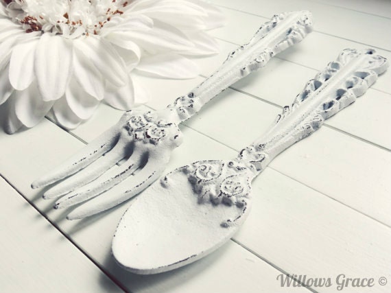 Items similar to Large Metal Fork and Spoon Set / Kitchen Decor / White