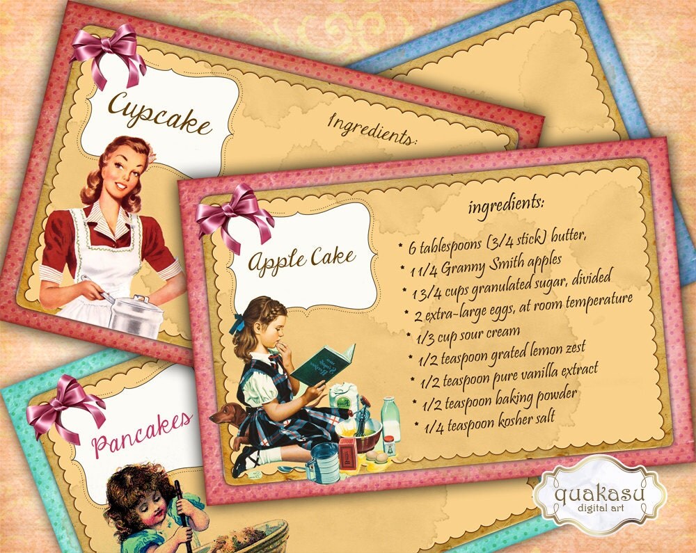VINTAGE RECIPE Cards Set of 4 Instant Download Digital by quakasu