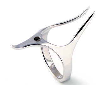 ANUBIS Unique Silver Ring, Black Gemstone Ring, Egyptian Jewelry, Italian Design