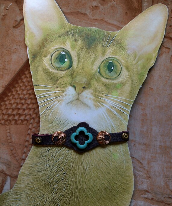 Leather Brass and carved stone Egyptian revival cat collar