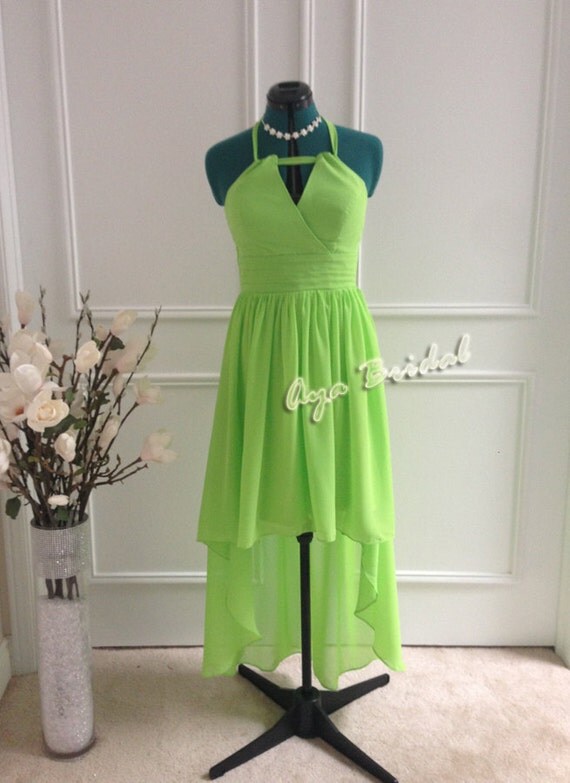 Lime Green hi-low hem Bridal / Bridesmaid Dress / Party chiffon knee length Dress