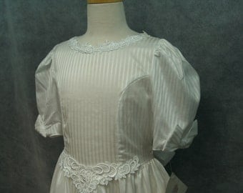 1st Holy Communion White Stripes Dress,Size 10 White, Vintage New, Lace, Basque V Waist, Flattering, Farm Sleeve, 3/4 Sleeve, T Length, Gown
