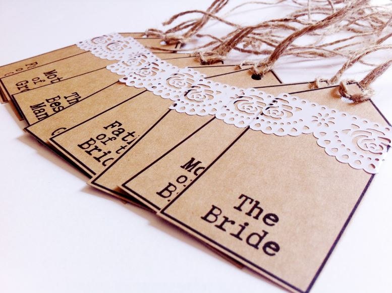 Wedding name tag lace cut escort tags by Creationery on Etsy