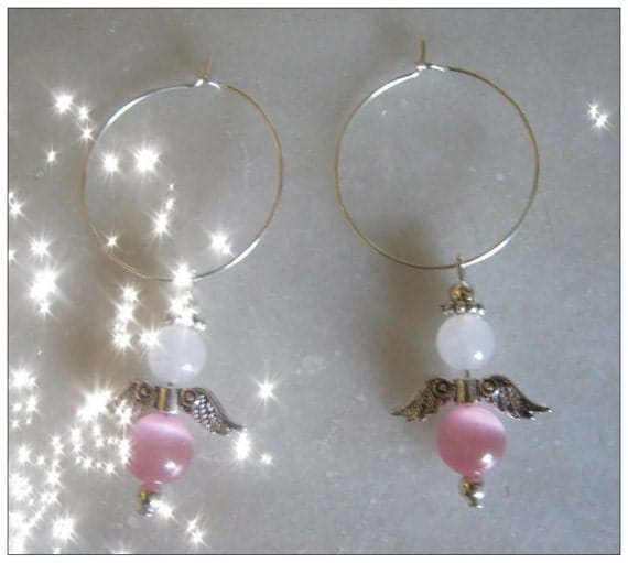 Handmade Silver Hoop Guardian Angel Earrings with Pink Cat Eye & White Opal by IreneDesign2011