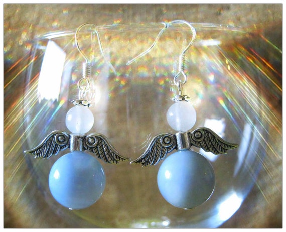 Silver Guardian Angel Earrings with Lace Agate & White Opal by IreneDesign2011