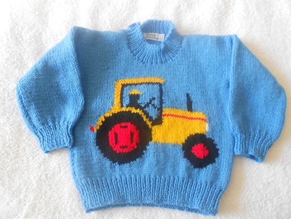 Tractor jumper hand knitted 100% acrylic DK. Blue jumper with